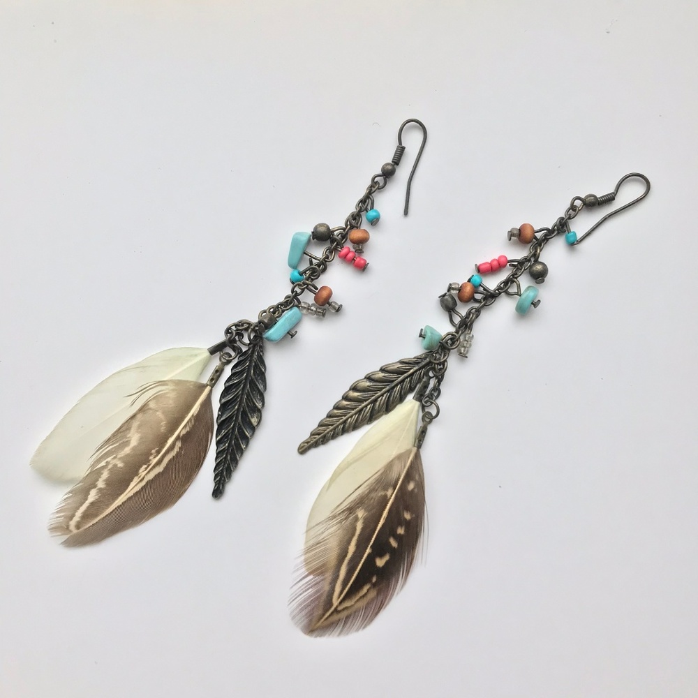 Beaded Feathered Earrings / Boho, Hippy, Vintage